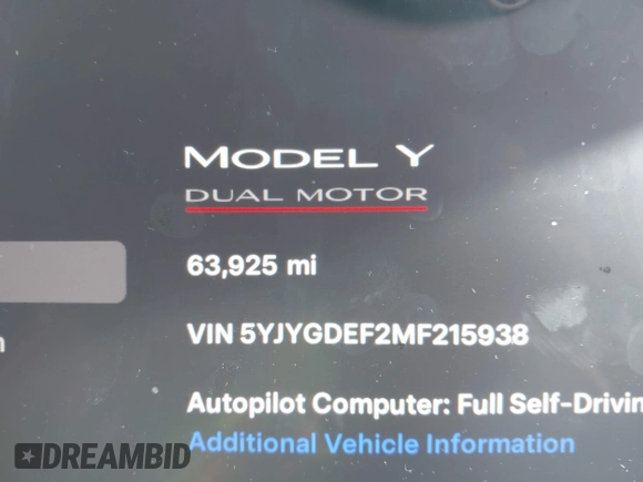 2021 Tesla Model Y Performance z VIN 5YJYGDEF2MF215938, wystawiony jako IAAI lot #41338287 z przebiegiem 63 925 mil mil oraz . Historia ofert i sprzedaży dostępna na DreamBid. Obrazek 7.