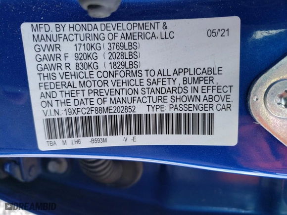 2021 Honda Civic Sedan Sport with VIN 19XFC2F88ME202852, listed as a Copart auction lot 46253065 with 52,426 mi miles and Salvage Title. Bid and sale history available at carsss.com. Image 15.