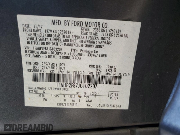 2018 Ford Taurus Limited z VIN 1FAHP2F87JG102207, wystawiony jako Copart lot #55647675 z przebiegiem 122 527 mil mil oraz Szkoda całkowita • Salvage title. Historia ofert i sprzedaży dostępna na DreamBid. Obrazek 12.