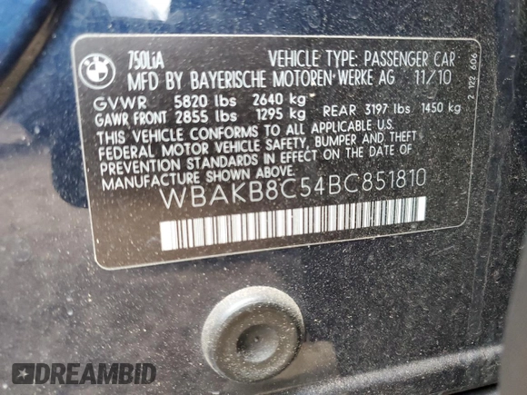 2011 BMW 7 Series 750Li z VIN WBAKB8C54BC851810, wystawiony jako Copart lot #76610464 z przebiegiem 128 551 mil mil oraz Nie do naprawy • Non repairable. Historia ofert i sprzedaży dostępna na DreamBid. Obrazek 12.