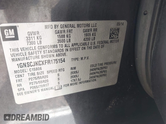 2015 Chevrolet Suburban LT with VIN 1GNSCJKCXFR175154, listed as a IAAI auction lot 42280418 with 227,373 mi miles and . Bid and sale history available at DreamBid. Image 9.