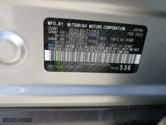 2023 Mitsubishi Eclipse Cross LE with VIN JA4ATVAA4PZ042378, listed as a Copart auction lot 85854424 with 48,637 mi miles and Salvage Title. Bid and sale history available at carsss.com. Image 15.