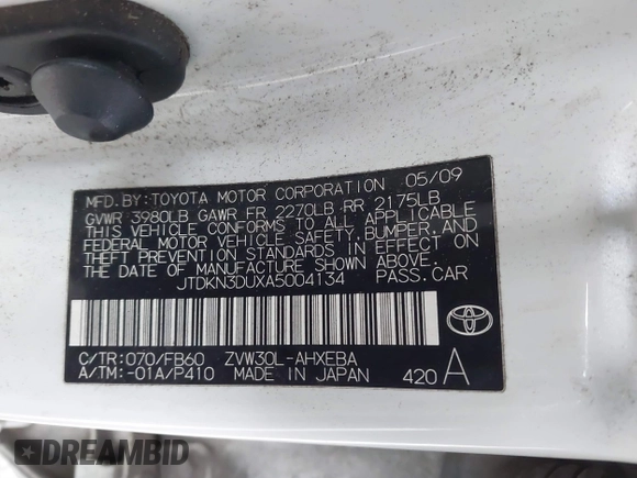 2010 Toyota Prius II with VIN JTDKN3DUXA5004134, listed as a IAAI auction lot 41738838 with 342,667 mi miles and . Bid and sale history available at DreamBid. Image 9.