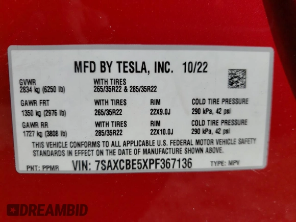 2023 Tesla Model X with VIN 7SAXCBE5XPF367136, listed as a Copart auction lot 45357254 with 13,036 mi miles and Salvage Title. Bid and sale history available at DreamBid. Image 14.