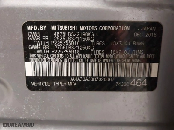 2017 Mitsubishi Outlander SE with VIN JA4AZ3A33HZ020667, listed as a IAAI auction lot 41695567 with 89,123 mi miles. Bid and sale history available at carsss.com. Image 9.