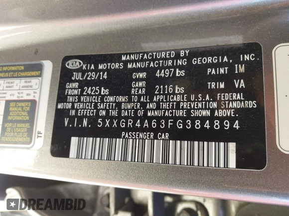 2015 Kia Optima SX Turbo with VIN 5XXGR4A63FG384894, listed as a IAAI auction lot 41843637 with 101,364 mi miles and . Bid and sale history available at DreamBid. Image 9.