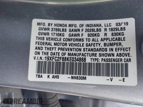 2019 Honda Civic Sport with VIN 19XFC2F88KE034868, listed as a IAAI auction lot 41913004 with 60,599 mi miles and . Bid and sale history available at DreamBid. Image 9.