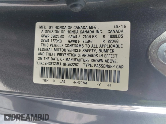 2016 Honda Civic EX-T with VIN 2HGFC3B31GH362257, listed as a IAAI auction lot 41072645 with 164,845 mi miles and . Bid and sale history available at DreamBid. Image 9.