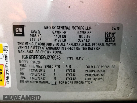 2016 Chevrolet Traverse LS with VIN 1GNKRFED5GJ276943, listed as a Copart auction lot 52102134 with Not Provided miles and Salvage Title. Bid and sale history available at carsss.com. Image 14.