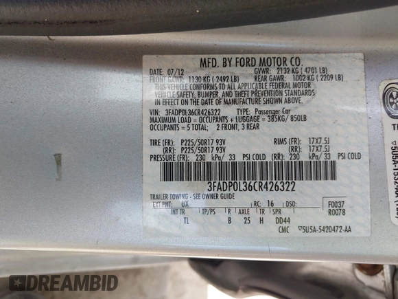 2012 Ford Fusion Hybrid с VIN 3FADP0L36CR426322, выставлен на аукционе IAAI как лот 42592635 с пробегом 151 941 миль миль и . История ставок и продаж доступна на DreamBid. Изображение 9.