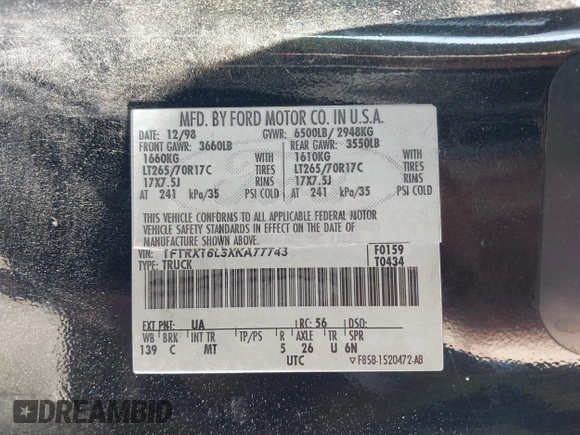 1999 Ford F-150 XL with VIN 1FTRX18L3XKA77743, listed as a IAAI auction lot 42512532 with Not provided miles and . Bid and sale history available at DreamBid. Image 9.