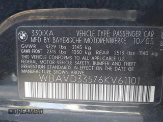 2006 BMW 3 Series 330xi with VIN WBAVD33576KV61101, listed as a IAAI auction lot 42601393 with 182,487 mi miles and . Bid and sale history available at DreamBid. Image 9.