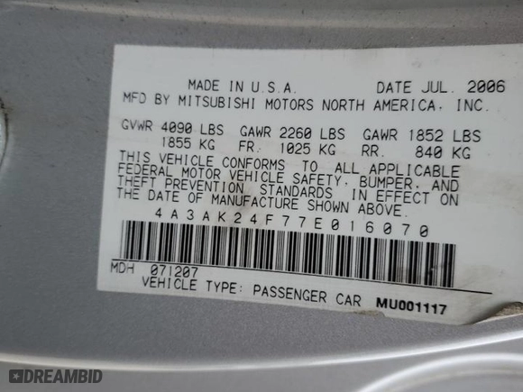 2007 Mitsubishi Eclipse GS with VIN 4A3AK24F77E016070, listed as a Copart auction lot 44123515 with 183206 miles and Salvage Title. Bid and sale history available at carsss.com. Image 12.