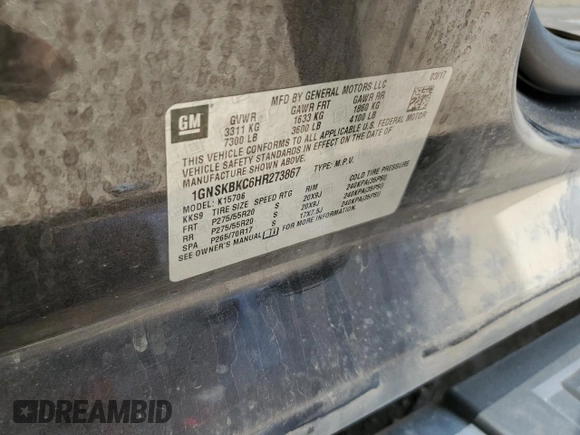 2017 Chevrolet Tahoe LT with VIN 1GNSKBKC6HR273867, listed as a Copart auction lot 55098245 with 148,329 mi miles and Salvage title. Bid and sale history available at DreamBid. Image 14.