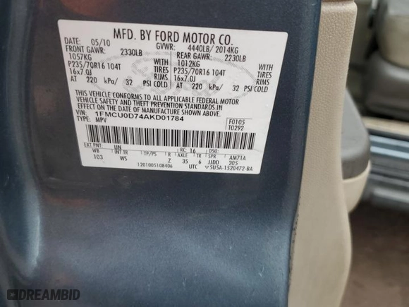 2010 Ford Escape XLT with VIN 1FMCU0D74AKD01784, listed as a Copart auction lot 52857725 with 119,448 mi miles and Salvage Title. Bid and sale history available at carsss.com. Image 16.