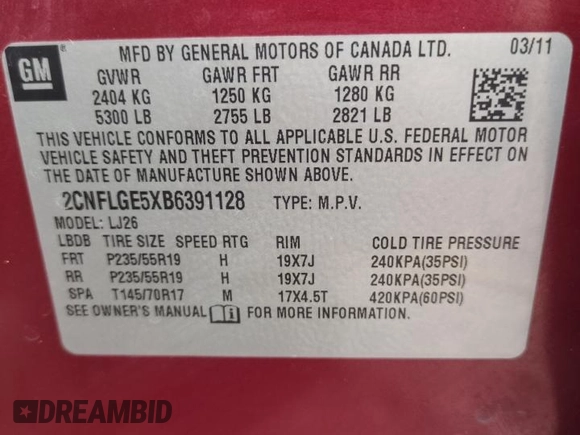2011 Chevrolet Equinox LTZ with VIN 2CNFLGE5XB6391128, listed as a Copart auction lot 43011555 with 98,092 mi miles and Salvage Title. Bid and sale history available at carsss.com. Image 13.