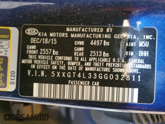 2016 Kia Optima LX with VIN 5XXGT4L33GG032811, listed as a Copart auction lot 88537825 with Not provided miles and Salvage title. Bid and sale history available at DreamBid. Image 12.
