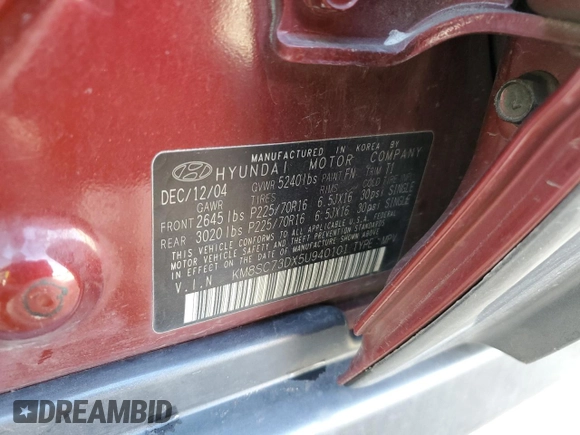 2005 Hyundai Santa Fe GLS with VIN KM8SC73DX5U940101, listed as a Copart auction lot 46112455 with 157,812 mi miles and Salvage Title. Bid and sale history available at carsss.com. Image 13.