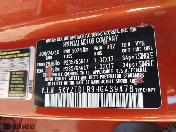2017 Hyundai Santa Fe Sport 2.4L with VIN 5XYZTDLB9HG439478, listed as a IAAI auction lot 41767857 with 160,937 mi miles. Bid and sale history available at carsss.com. Image 9.