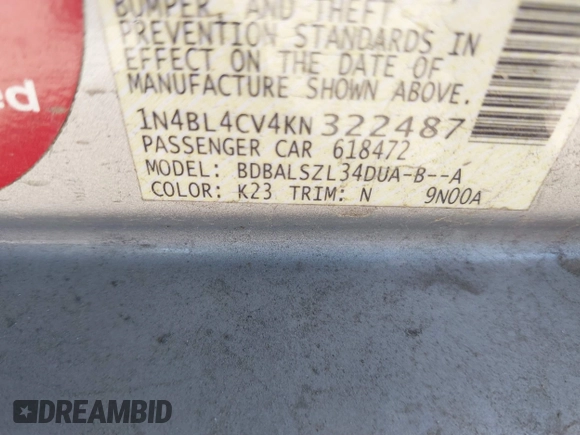 2019 Nissan Altima SR with VIN 1N4BL4CV4KN322487, listed as a IAAI auction lot 41771579 with 163,013 mi miles and . Bid and sale history available at carsss.com. Image 9.