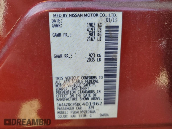 2013 Nissan LEAF S with VIN 1N4AZ0CP5DC401962, listed as a Copart auction lot 52921195 with 76,348 mi miles and Clean Title. Bid and sale history available at carsss.com. Image 12.