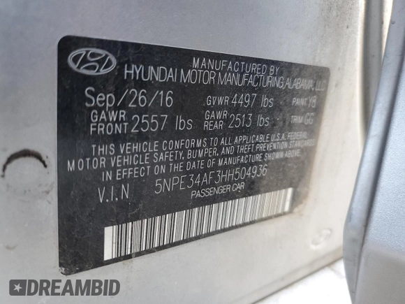 2017 Hyundai Sonata Sport with VIN 5NPE34AF3HH504936, listed as a Copart auction lot 80871504 with 100,133 mi miles and Salvage Title. Bid and sale history available at DreamBid. Image 14.