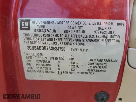 2010 Chevrolet HHR 2LT with VIN 3GNBACDV4AS649055, listed as a Copart auction lot 62869855 with Not provided miles and Clean title. Bid and sale history available at DreamBid. Image 13.
