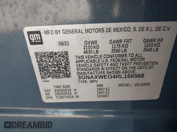 2024 Chevrolet Equinox RS with VIN 3GNAXWEG4RL166568, listed as a IAAI auction lot 42218169 with 14,019 mi miles and . Bid and sale history available at DreamBid. Image 9.