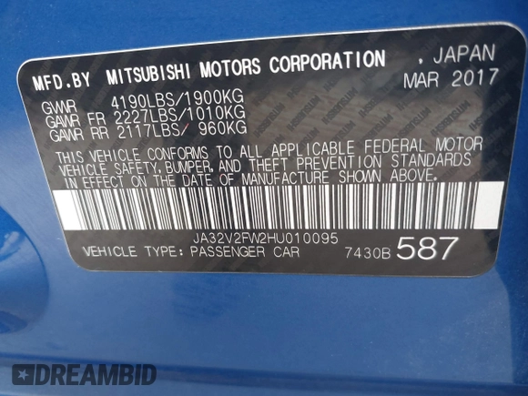 2017 Mitsubishi Lancer ES with VIN JA32V2FW2HU010095, listed as a IAAI auction lot 41899996 with 136,889 mi miles. Bid and sale history available at carsss.com. Image 9.