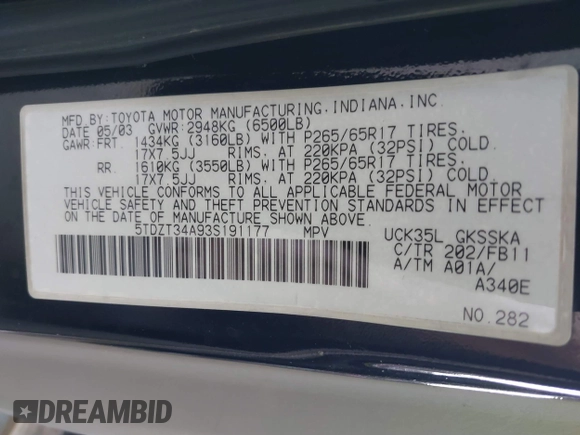 2003 Toyota Sequoia SR5 with VIN 5TDZT34A93S191177, listed as a IAAI auction lot 41175704 with Not Provided miles and . Bid and sale history available at DreamBid. Image 9.