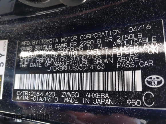 2016 Toyota Prius Two z VIN JTDKBRFU5G3014163, wystawiony jako IAAI lot #42475556 z przebiegiem 157 873 mil mil oraz . Historia ofert i sprzedaży dostępna na DreamBid. Obrazek 9.