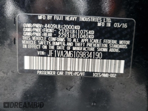2016 Subaru WRX STI with VIN JF1VA2M61G9834190, listed as a Copart auction lot 46001215 with 140,473 mi miles and Salvage title. Bid and sale history available at DreamBid. Image 12.