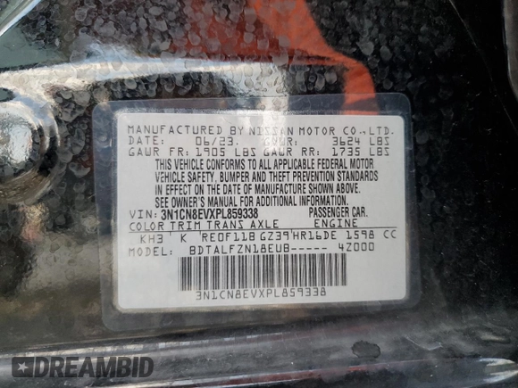 2023 Nissan Versa SV with VIN 3N1CN8EVXPL859338, listed as a Copart auction lot 57597045 with 35,839 mi miles and Non repairable. Bid and sale history available at DreamBid. Image 13.