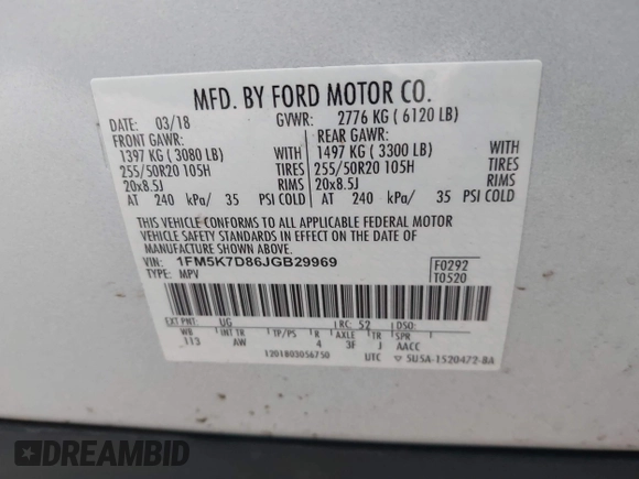 2018 Ford Explorer XLT with VIN 1FM5K7D86JGB29969, listed as a IAAI auction lot 41335917 with 63,253 mi miles and . Bid and sale history available at DreamBid. Image 9.