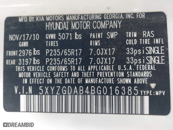 2011 Hyundai Santa Fe GLS with VIN 5XYZGDAB4BG016385, listed as a IAAI auction lot 41067744 with 181,501 mi miles. Bid and sale history available at carsss.com. Image 9.