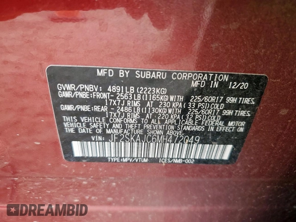 2021 Subaru Forester Premium with VIN JF2SKAJC6MH472049, listed as a Copart auction lot 64309585 with 51,125 mi miles and Salvage title. Bid and sale history available at DreamBid. Image 14.