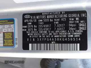 2019 Kia Sorento L with VIN 5XYPG4A38KG456514, listed as a IAAI auction lot 41714142 with 53,777 mi miles. Bid and sale history available at carsss.com. Image 9.