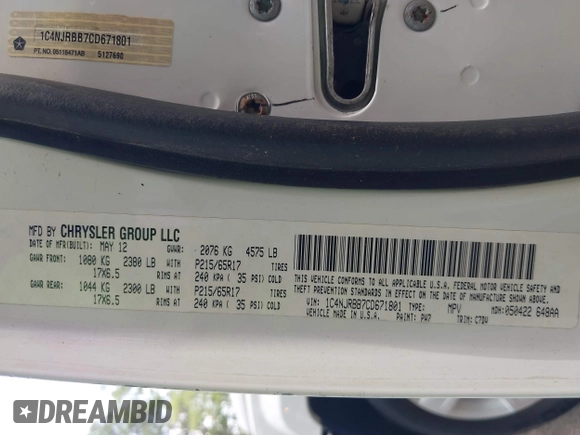2012 Jeep Patriot Sport с VIN 1C4NJRBB7CD671801, выставлен на аукционе IAAI как лот 42611891 с пробегом 163 311 миль миль и . История ставок и продаж доступна на DreamBid. Изображение 9.