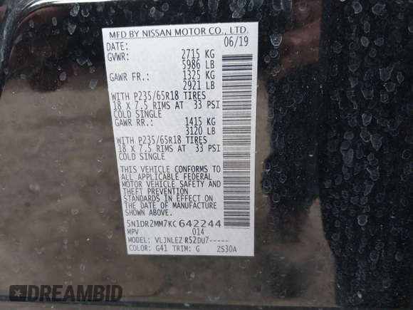 2019 Nissan Pathfinder S with VIN 5N1DR2MM7KC642244, listed as a IAAI auction lot 41683219 with 102,507 mi miles and . Bid and sale history available at DreamBid. Image 9.