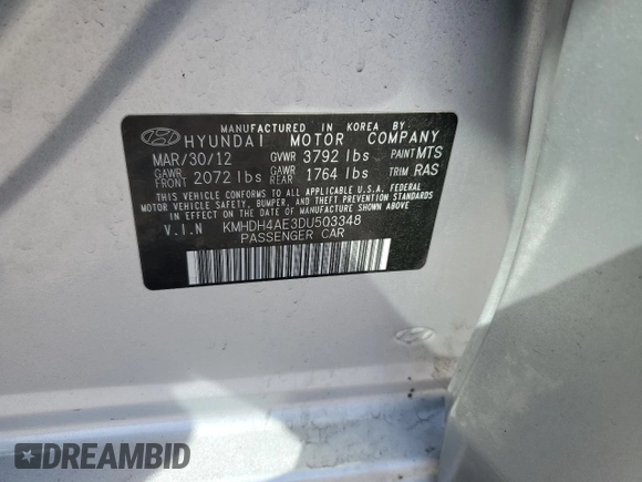 2013 Hyundai Elantra Limited with VIN KMHDH4AE3DU503348, listed as a Copart auction lot 54645915 with 49,372 mi miles and Salvage Title. Bid and sale history available at DreamBid. Image 12.