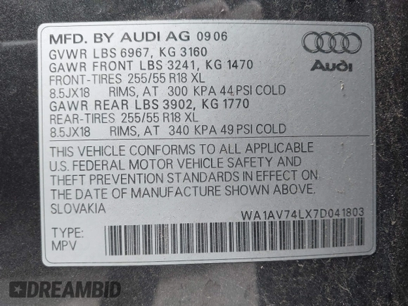 2007 Audi Q7 with VIN WA1AV74LX7D041803, listed as a IAAI auction lot 42744430 with 191,131 mi miles and . Bid and sale history available at DreamBid. Image 9.