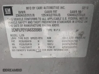 2010 Chevrolet Equinox LTZ with VIN 2CNFLFEY0A6320989, listed as a IAAI auction lot 41929141 with 267,191 mi miles. Bid and sale history available at carsss.com. Image 9.