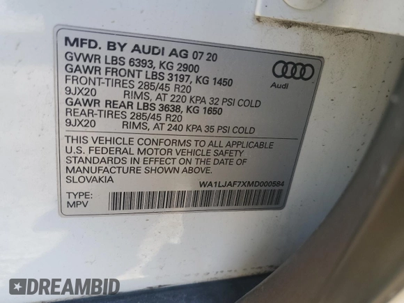 2021 Audi Q7 Premium Plus with VIN WA1LJAF7XMD000584, listed as a Copart auction lot 86115854 with 23,087 mi miles and Salvage title. Bid and sale history available at DreamBid. Image 13.
