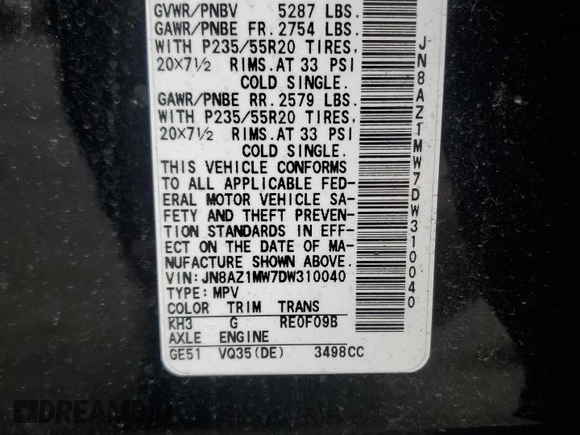 2013 Nissan Murano SV with VIN JN8AZ1MW7DW310040, listed as a Copart auction lot 53898505 with 185,853 mi miles and Salvage Title. Bid and sale history available at DreamBid. Image 13.