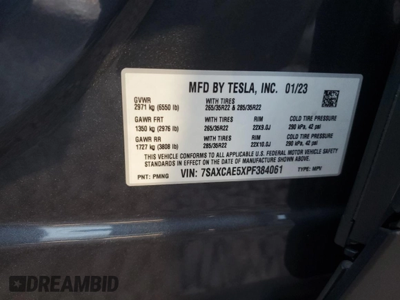 2023 Tesla Model X with VIN 7SAXCAE5XPF384061, listed as a Copart auction lot 86834084 with 6,974 mi miles and Salvage Title. Bid and sale history available at DreamBid. Image 15.