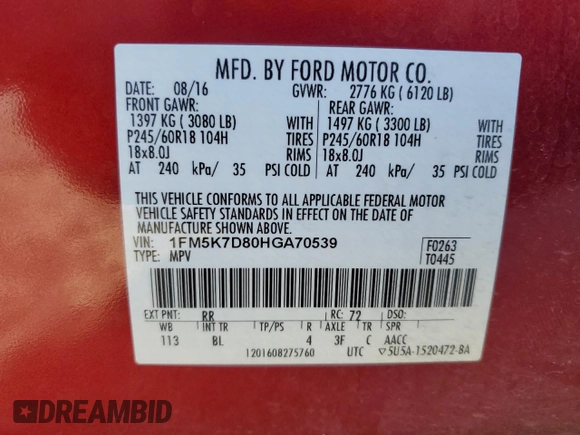 2017 Ford Explorer XLT with VIN 1FM5K7D80HGA70539, listed as a Copart auction lot 62291165 with 134,476 mi miles and Salvage title. Bid and sale history available at DreamBid. Image 14.