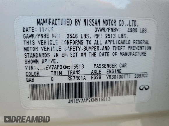 2019 Infiniti Q50 Luxe with VIN JN1EV7AP2KM515513, listed as a Copart auction lot 59893895 with 124,644 mi miles and Salvage title. Bid and sale history available at DreamBid. Image 12.