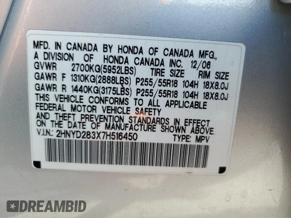 2007 Acura MDX Tech Pkg with VIN 2HNYD283X7H516450, listed as a Copart auction lot 51173505 with 173,435 mi miles and Salvage Title. Bid and sale history available at carsss.com. Image 16.