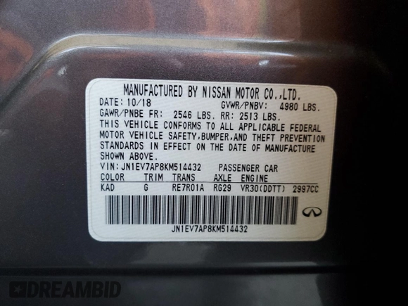 2019 Infiniti Q50 Luxe with VIN JN1EV7AP8KM514432, listed as a Copart auction lot 61669405 with 49,753 mi miles and Salvage title. Bid and sale history available at DreamBid. Image 12.