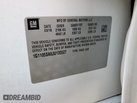 2018 Chevrolet Impala LT with VIN 1G1105SA8JU135527, listed as a Copart auction lot 69762444 with 204,093 mi miles and Salvage Title. Bid and sale history available at DreamBid. Image 12.